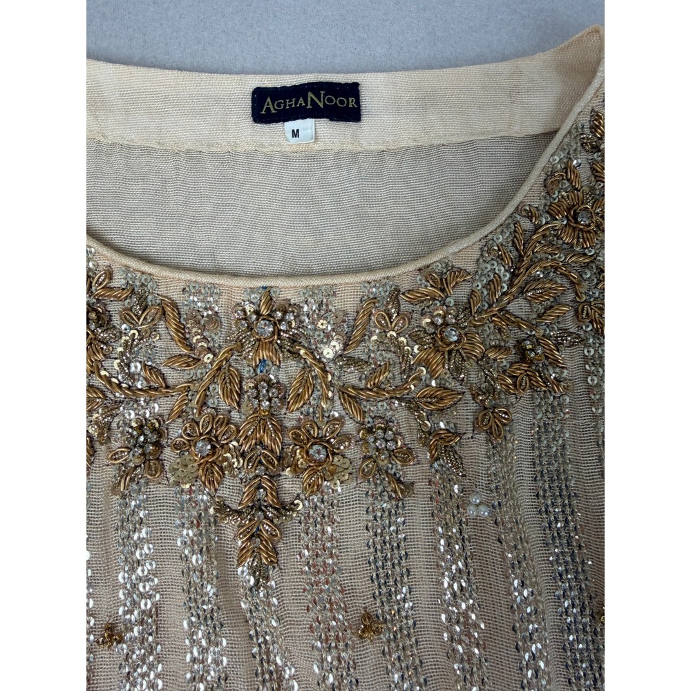 Agha Noor Women M Gold Sequin Floral Embroidered Kurta Tunic Beige Chiffon - Picture 3 of 9